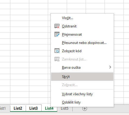 Skrytí a odkrytí listu v Excelu 2