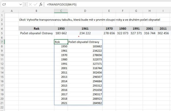 Excel funkce TRANSPOZICE (anglicky TRANSPOSE)