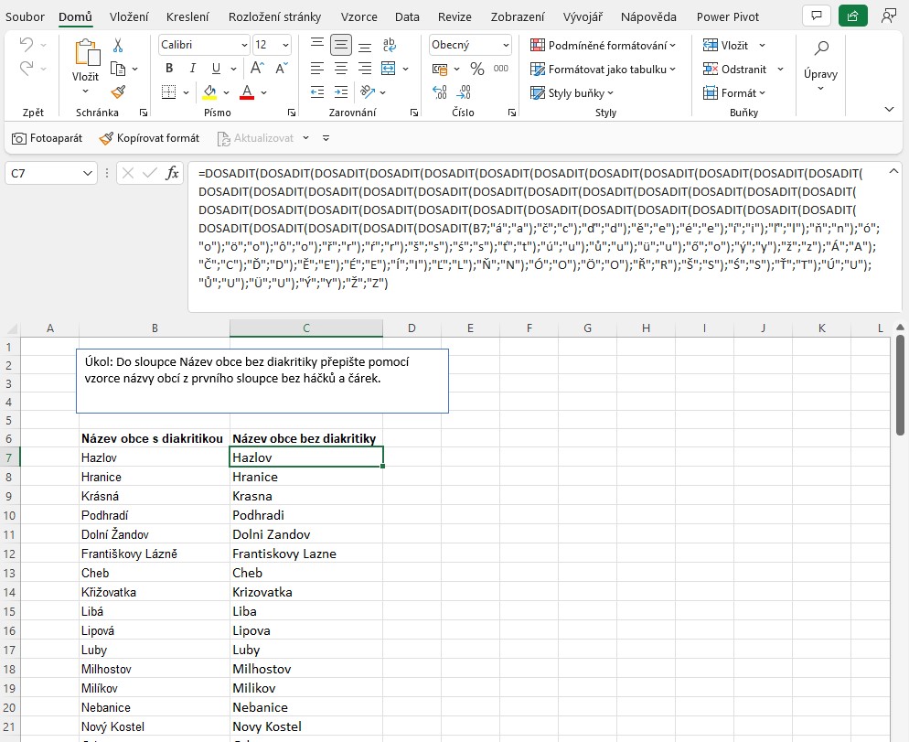 Excel - text bez háčků a čárek
